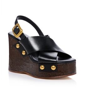 Aqua for Bloomingdale’s Kloe Black Leather Studded Wedge Platform Sandals 7.5